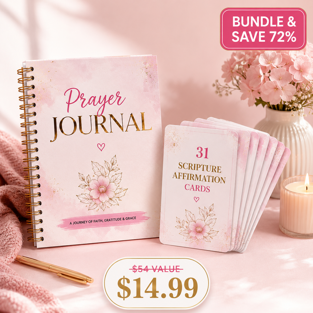 Prayer Journal + 31 Scripture Affirmation Cards Bundle | Christian Digital Download | Guided Faith Journal & Daily Bible Verse Cards