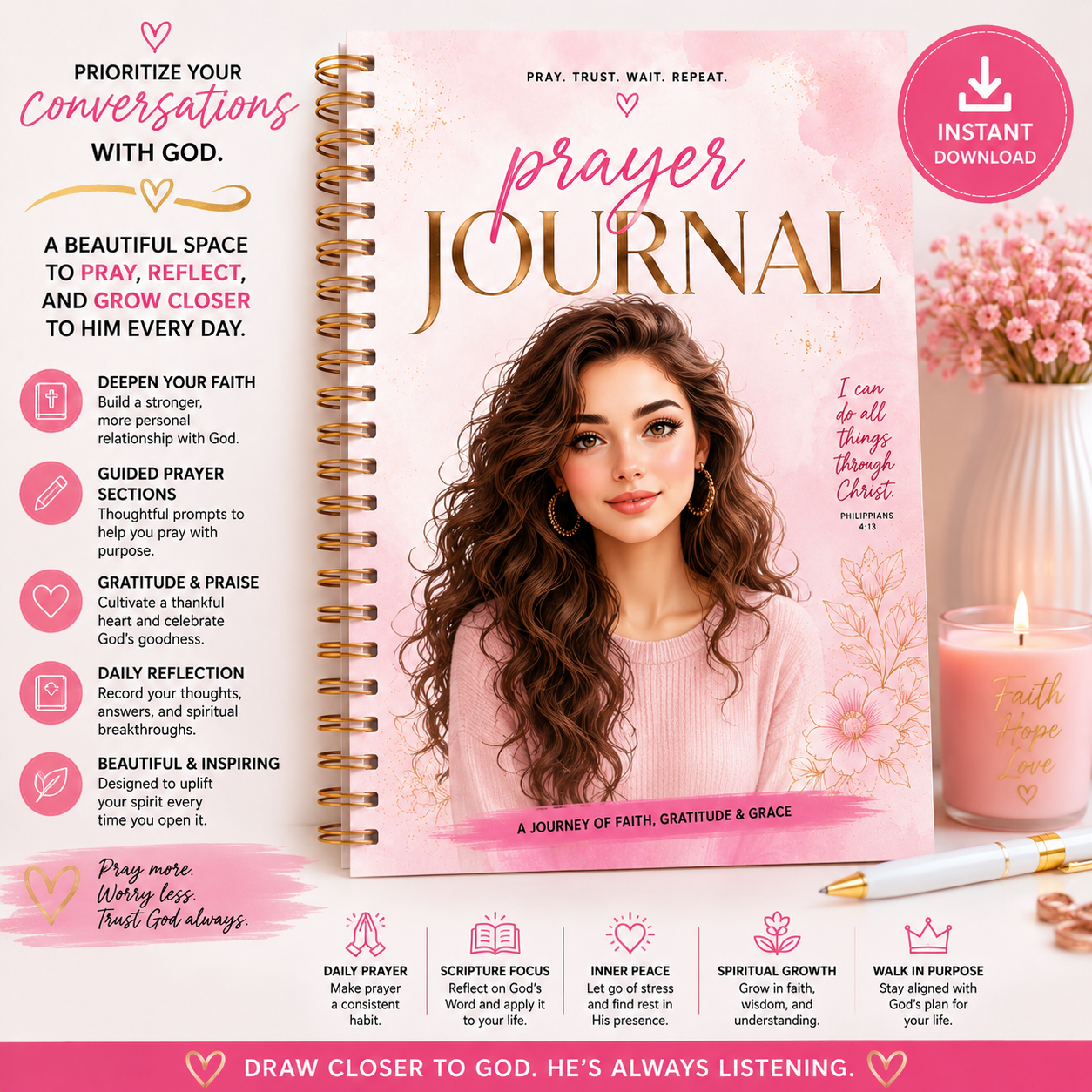 Prayer Journal – 30-Day Guided Faith & Reflection Journal (Instant Digital Download)